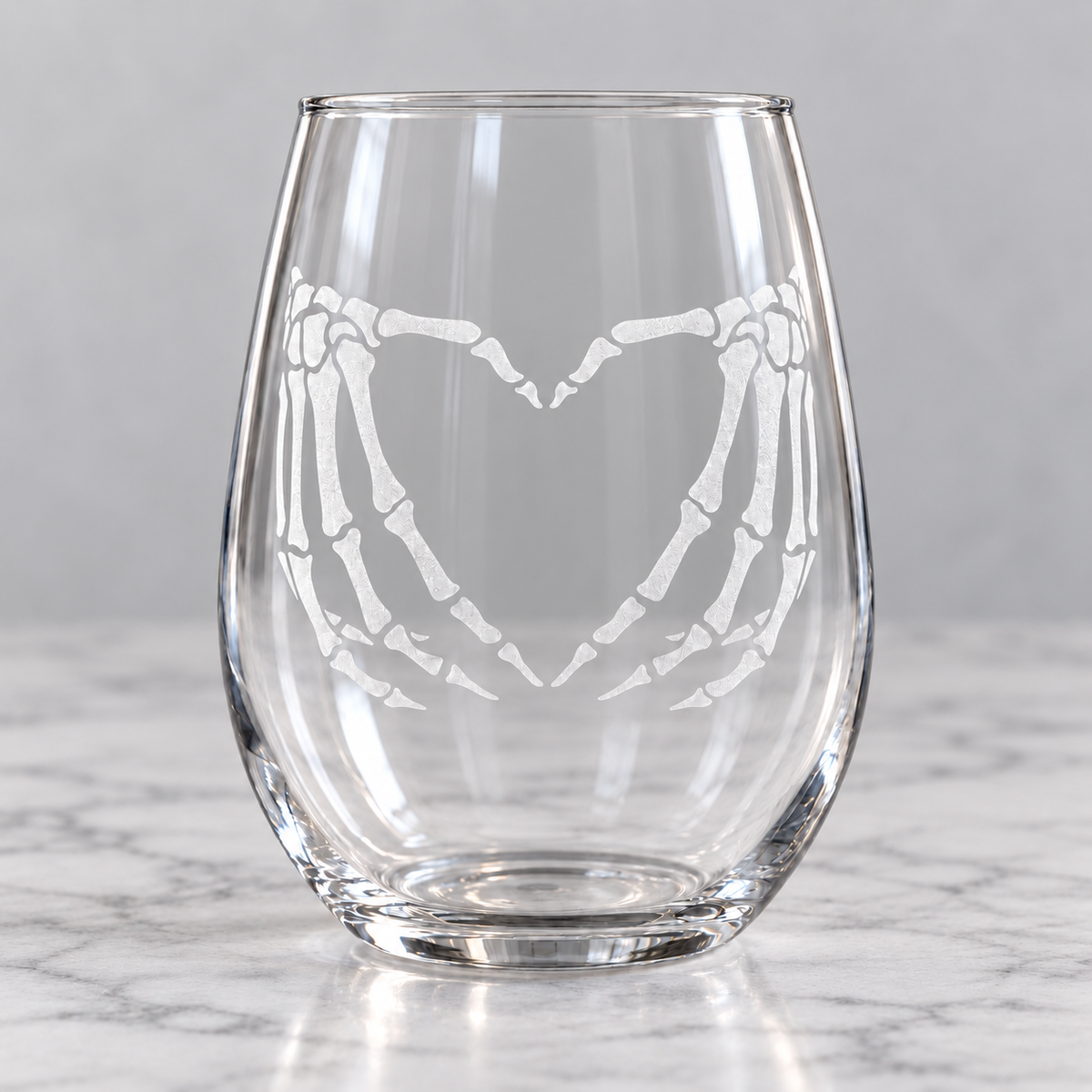 Etched Stemless Wine Glass 20.5oz | Skeleton Love | Deep Carved Sandblasted Glass | Expressive DeZien