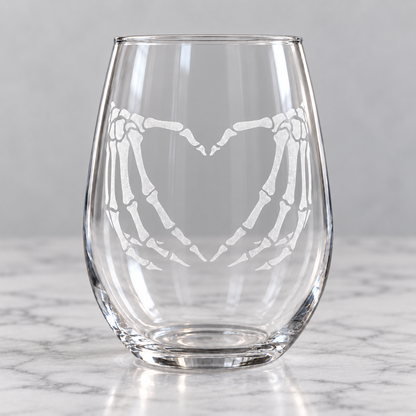 Etched Stemless Wine Glass 20.5oz | Skeleton Love | Deep Carved Sandblasted Glass | Expressive DeZien