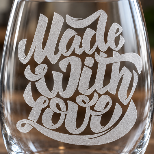 Made with Love Script etched stemless wine glass. Close view of the script lettering and sweeping underline.