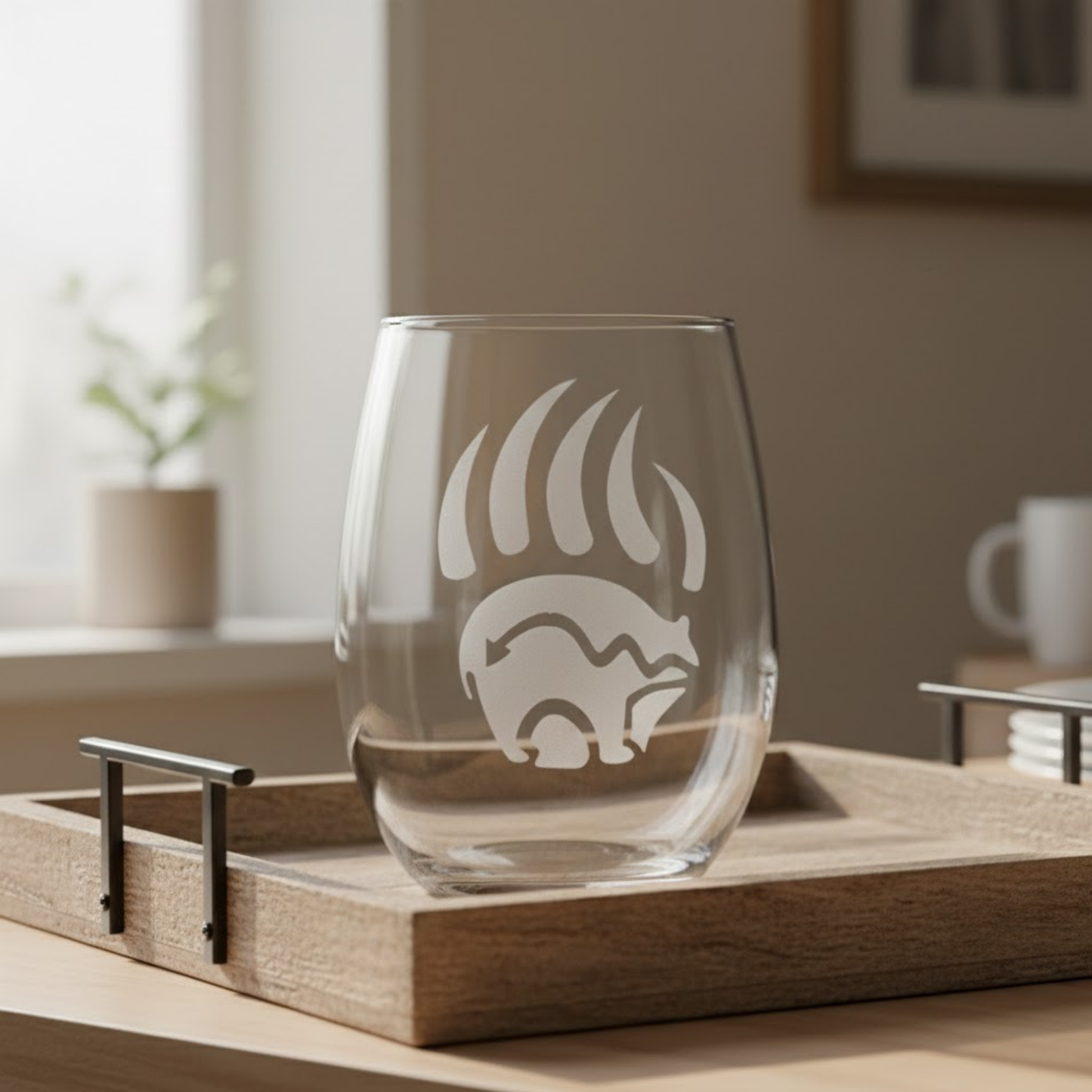 Sand-Carved Bear Claw Stemless Wine Glass (20.5oz) | Unique Bear Etched Glass Gift