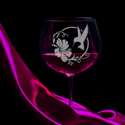 Limited Edition Hand-Etched Red Wine Glass with Hummingbird and Hibiscus Design | 18.5oz - Expressive DeZien 