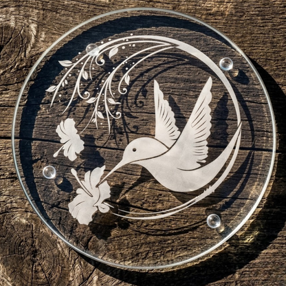 Hand-etched Hummingbird & Morning Glory Glass Trivet | Deep Carved Sandblasted Glass | Expressive DeZien