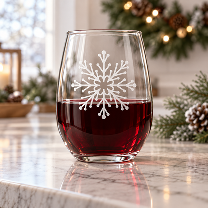 Queen's Whirl Snowflake design, permanently sandblasted on a clear 20.5 oz stemless wine glass, product view 1