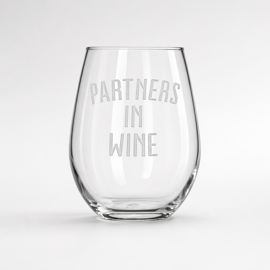 Etched Stemless Wine Glass 20.5oz | Partners in Wine | Deep Carved Sandblasted Glass | Expressive DeZien