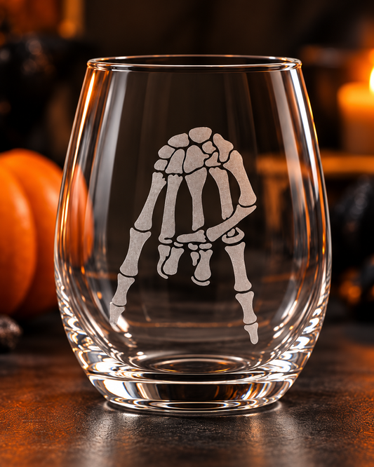 Etched Stemless Wine Glass 20.5oz | Horns Down Skeleton Hand | Deep Carved Sandblasted Glass | Expressive DeZien