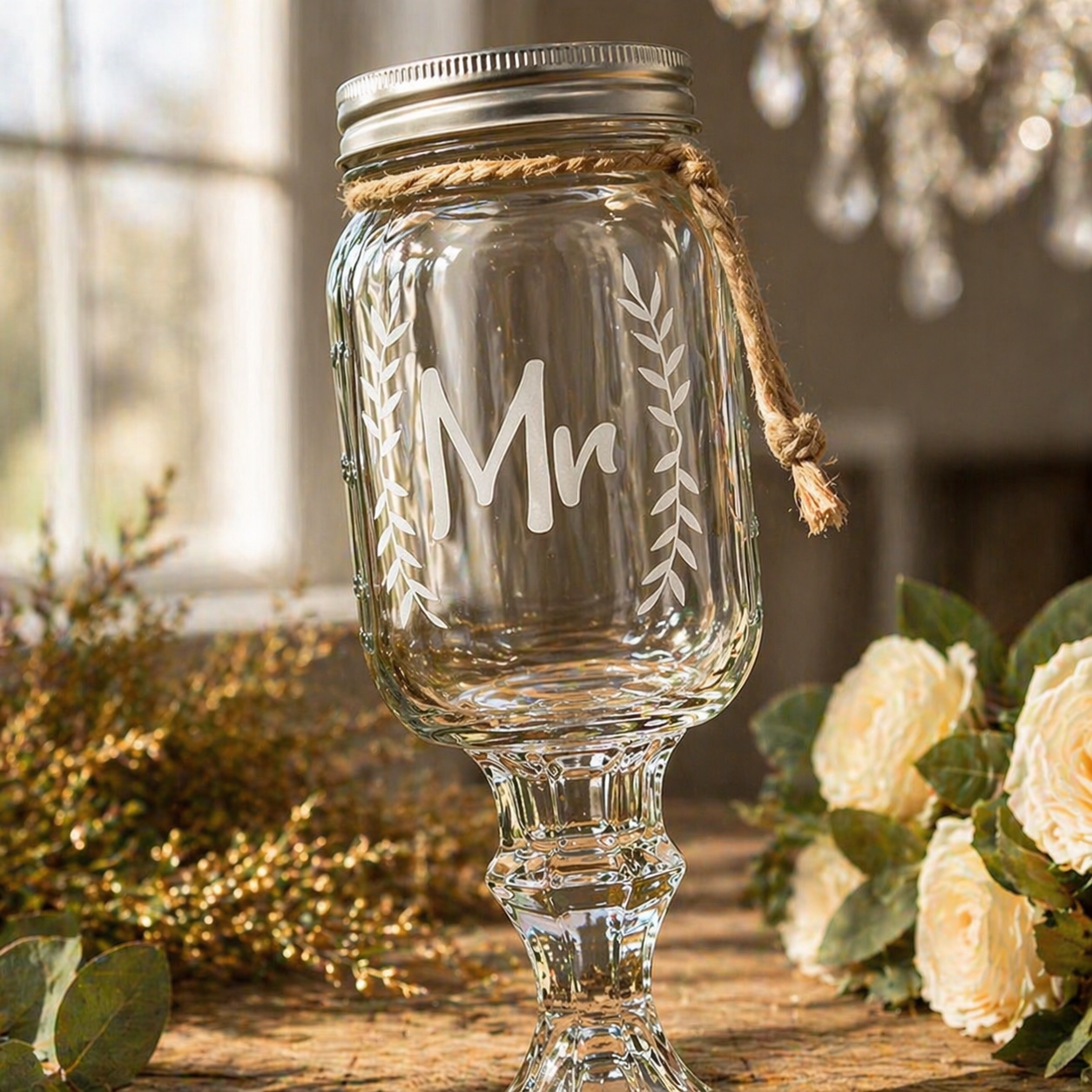 Rustic Wedding Toasting Glasses | Mr & Mrs Mason Jar Toasting Set | Personalized Handmade | Deep Etched Glass | Expressive DeZien