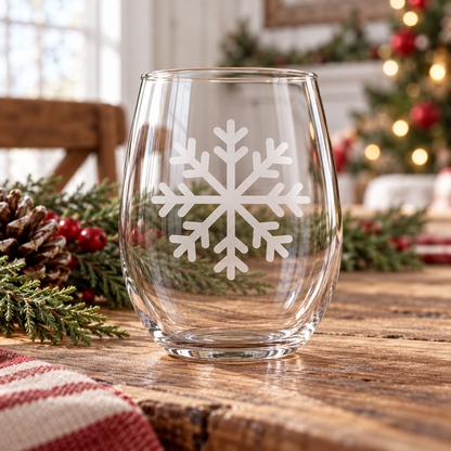 Winter's Whisper Snowflake design, permanently sandblasted on a clear 20.5 oz stemless wine glass, product view 1