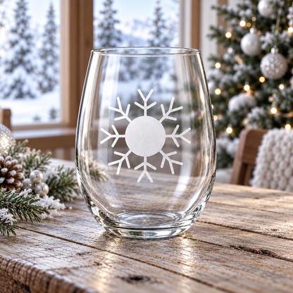 Polar Splendor Snowflake design, permanently sandblasted on a clear 20.5 oz stemless wine glass, product view 3