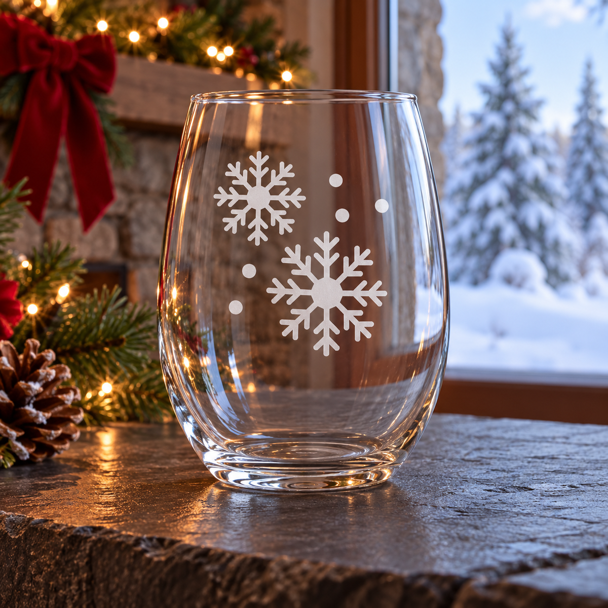 Icy Veil Snowflake design, permanently sandblasted on a clear 20.5 oz stemless wine glass, product view 4