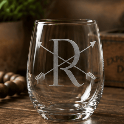 Crossed Arrow Monogram Etched Stemless Wine Glass | 20.5 oz