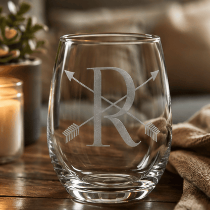 Crossed Arrow Monogram Etched Stemless Wine Glass | 20.5 oz