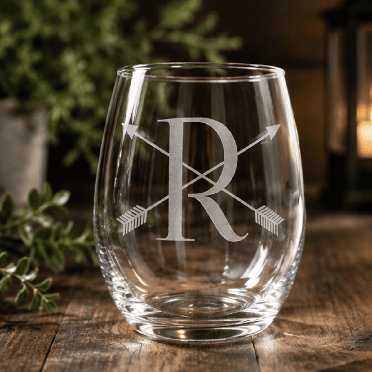 Crossed Arrow Monogram Etched Stemless Wine Glass | 20.5 oz