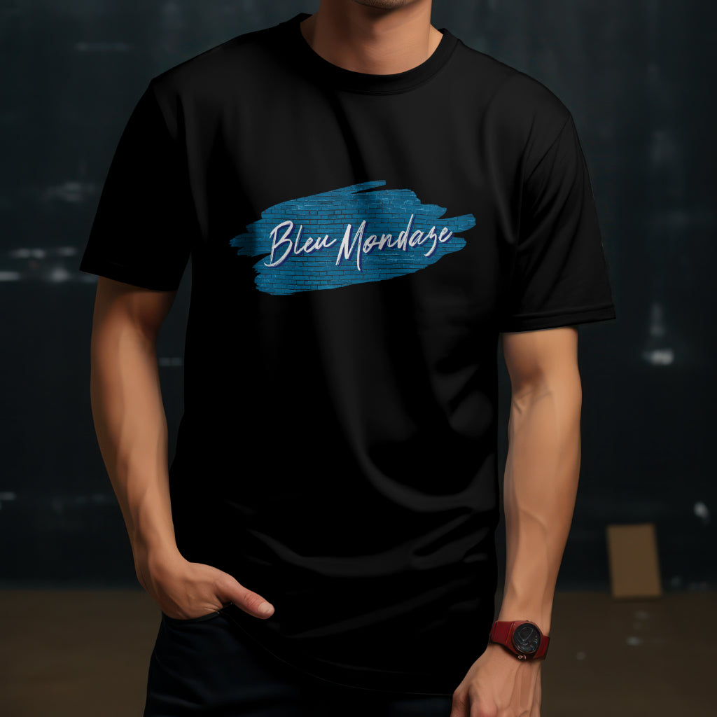 Man wearing a black BleuMondaze Live Stream Podcast t shirt featuring a blue brushstroke logo design on the chest