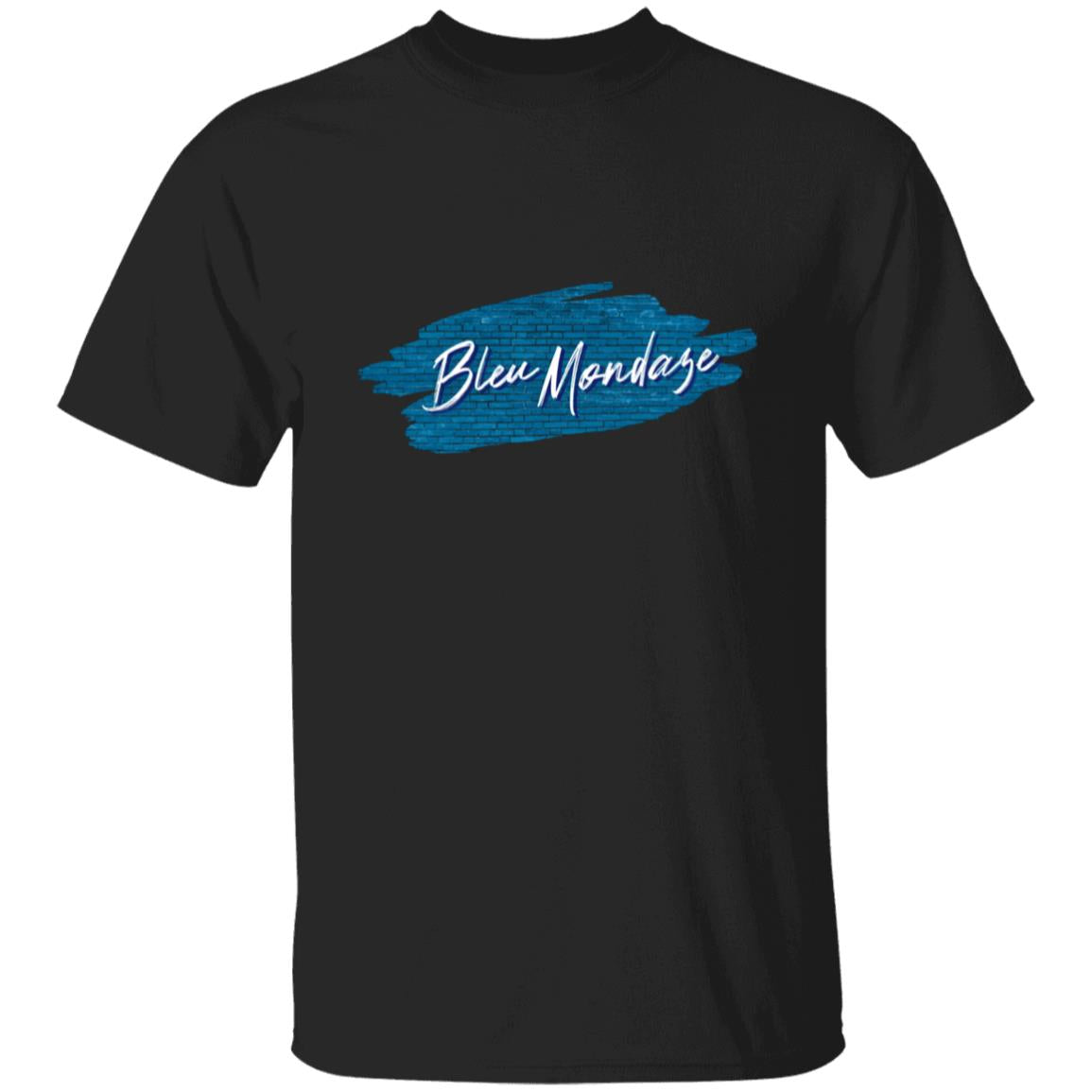 BleuMondaze Live Stream Podcast black Gildan 5000 cotton t shirt featuring blue brushstroke logo design on front