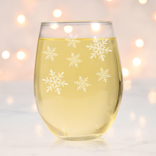 Blizzard Delight Etched Stemless Wine Glass 20.5oz | Snowflake Wine Glasses - Expressive DeZien 