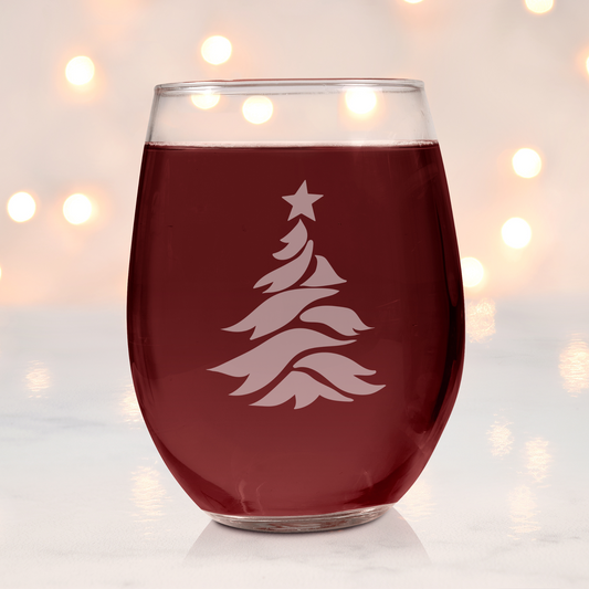 Elegant Snowfall Christmas Tree Etched Stemless Wine Glass - 20.5 oz  | Christmas Wine Glasses - Expressive DeZien 