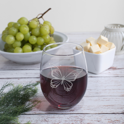 Etched Stemless Wine Glass 20.5oz | Butterfly V1 | Deep Carved Sandblasted Glass | Expressive DeZien