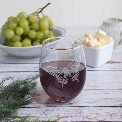 Etched Stemless Wine Glass 20.5oz | Butterfly V2 | Deep Carved Sandblasted Glass | Expressive DeZien