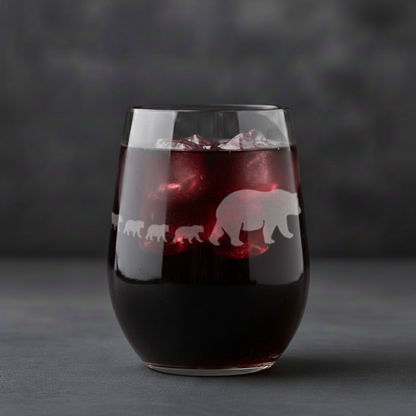 Etched Stemless Wine Glass 20.5oz | Mama Bear and Cubs | Deep Carved Sandblasted Glass | Expressive DeZien