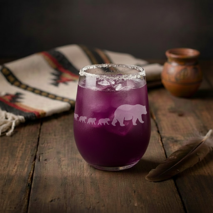 Etched Stemless Wine Glass 20.5oz | Mama Bear and Cubs | Deep Carved Sandblasted Glass | Expressive DeZien