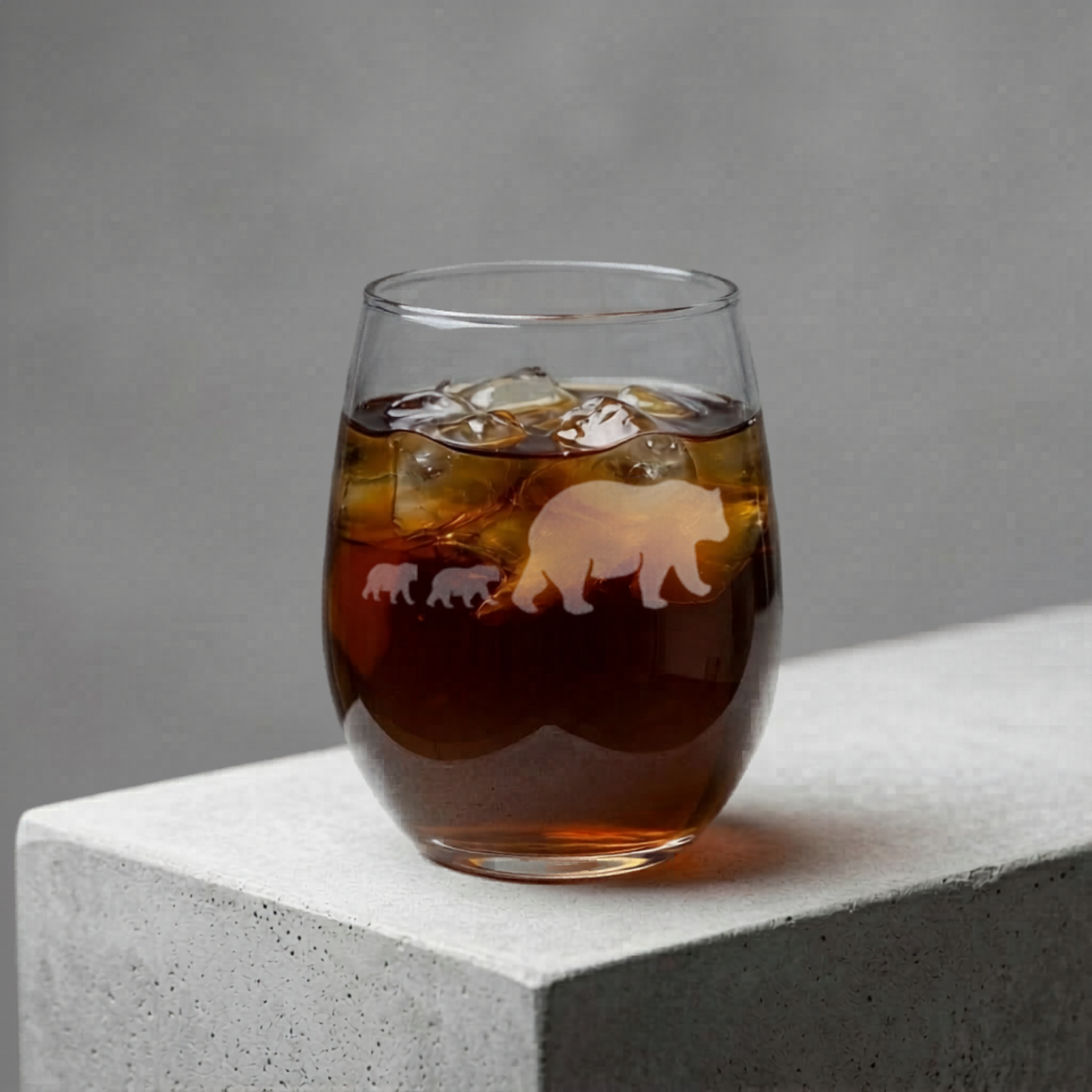 Etched Stemless Wine Glass 20.5oz | Mama Bear and Cubs | Deep Carved Sandblasted Glass | Expressive DeZien