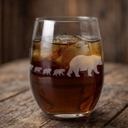 Etched Stemless Wine Glass 20.5oz | Mama Bear and Cubs | Deep Carved Sandblasted Glass | Expressive DeZien
