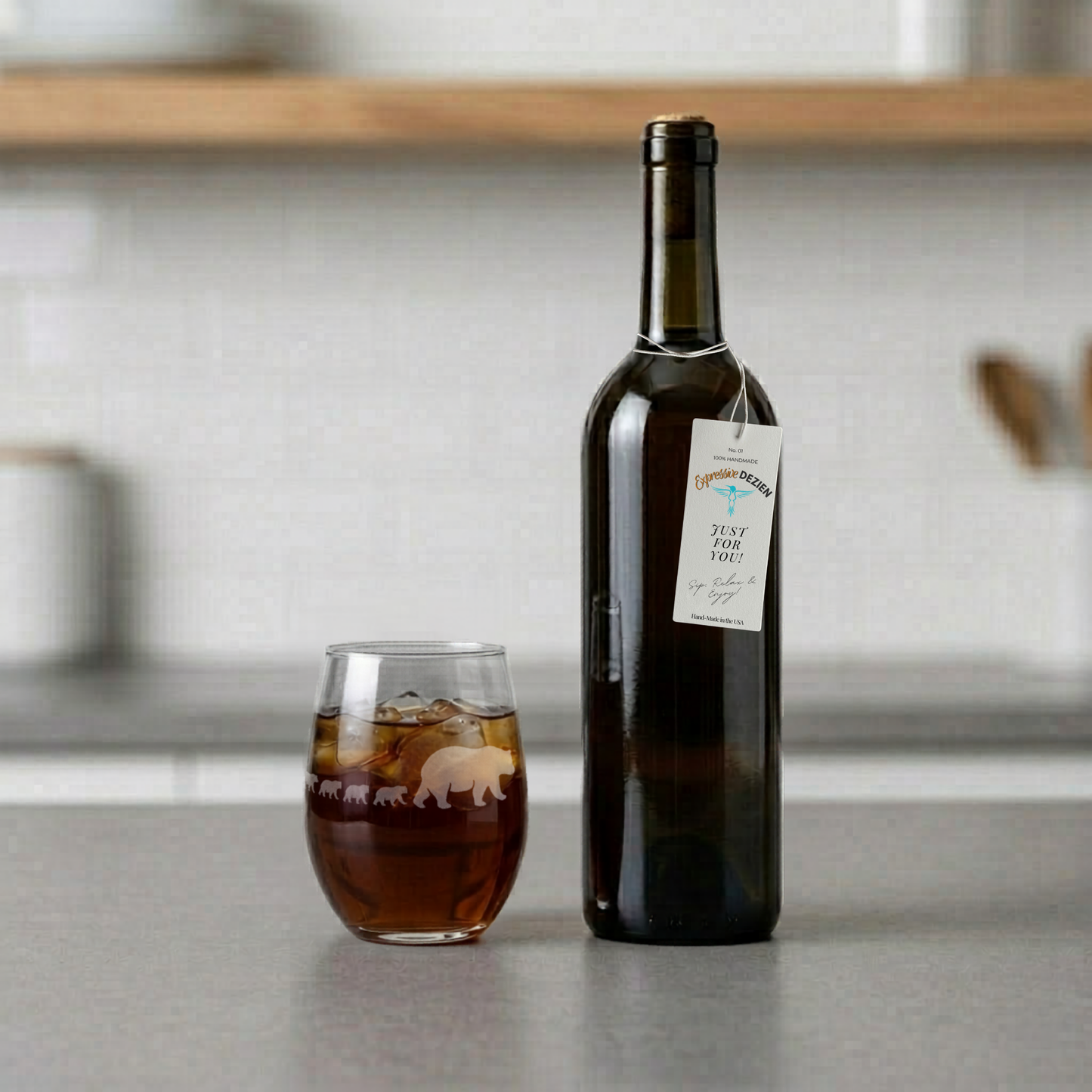 Etched Stemless Wine Glass 20.5oz | Mama Bear and Cubs | Deep Carved Sandblasted Glass | Expressive DeZien