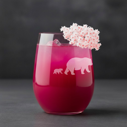 Etched Stemless Wine Glass 20.5oz | Mama Bear and Cubs | Deep Carved Sandblasted Glass | Expressive DeZien