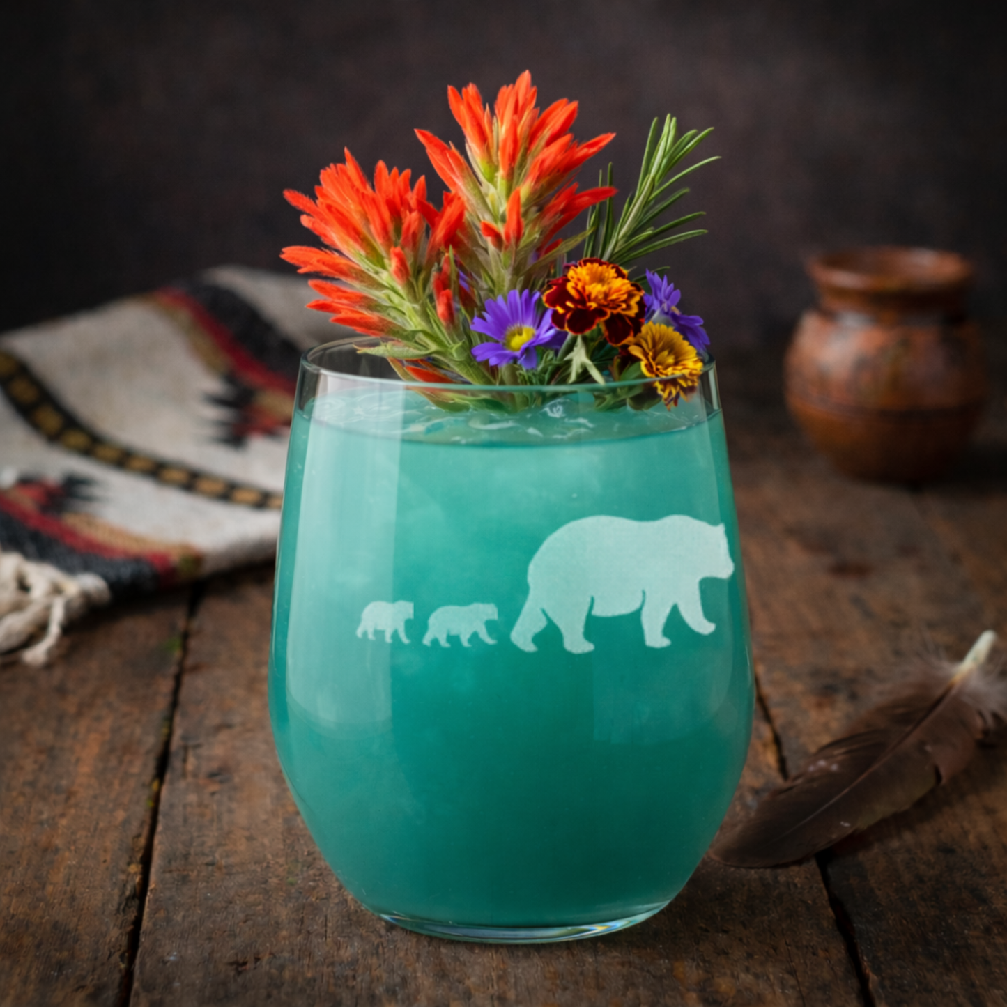 Etched Stemless Wine Glass 20.5oz | Mama Bear and Cubs | Deep Carved Sandblasted Glass | Expressive DeZien