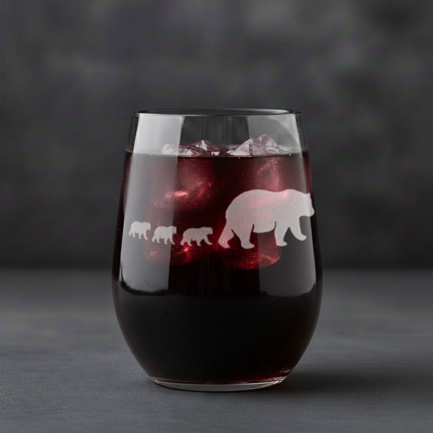 Etched Stemless Wine Glass 20.5oz | Mama Bear and Cubs | Deep Carved Sandblasted Glass | Expressive DeZien