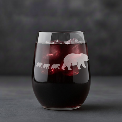 Etched Stemless Wine Glass 20.5oz | Mama Bear and Cubs | Deep Carved Sandblasted Glass | Expressive DeZien