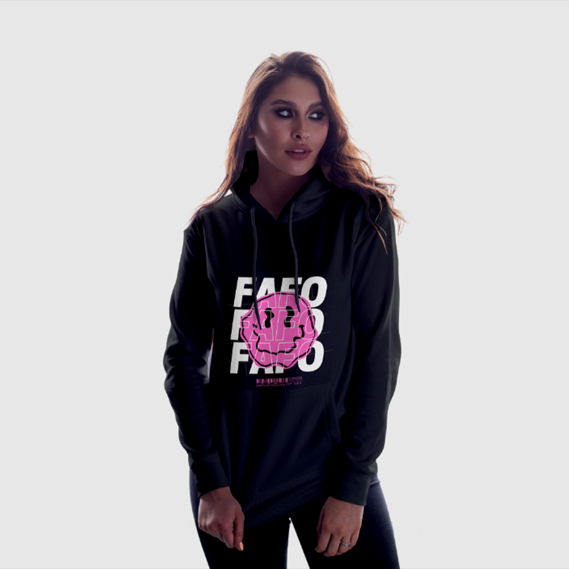 Pink White FAFO Smiley Face Positive Pullover Hoodie - Black - Expressive DeZien 