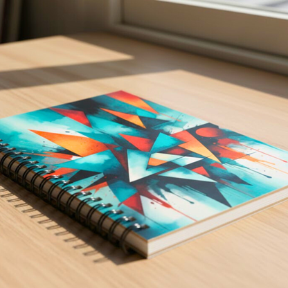 Lined 5x7 wire bound spiral notebook with Native abstract geometric pattern on the cover, photographed on a wooden desk in natural light.