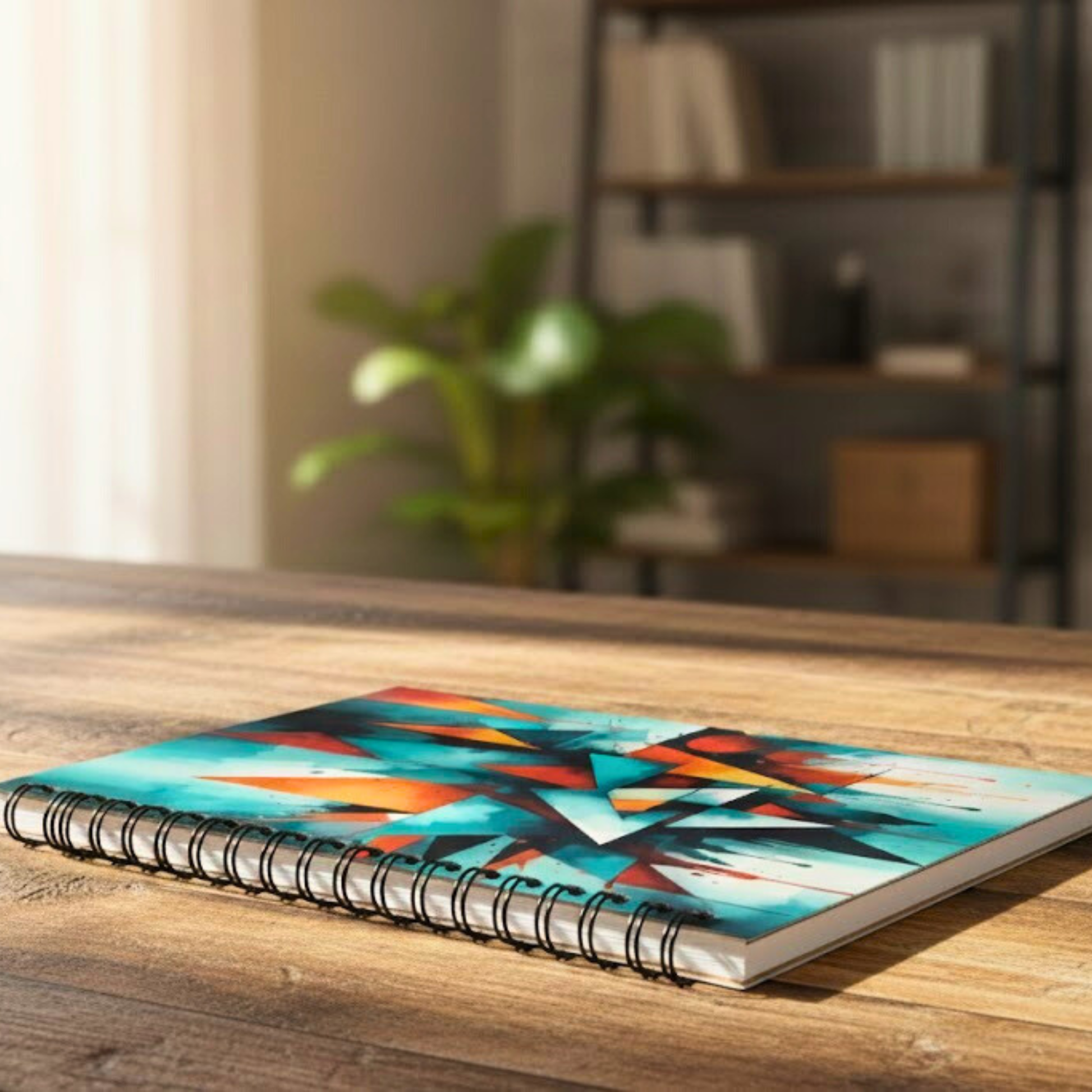 Lined 5x7 wire bound spiral notebook with Native abstract geometric pattern on the cover, photographed on a wooden desk in natural light.