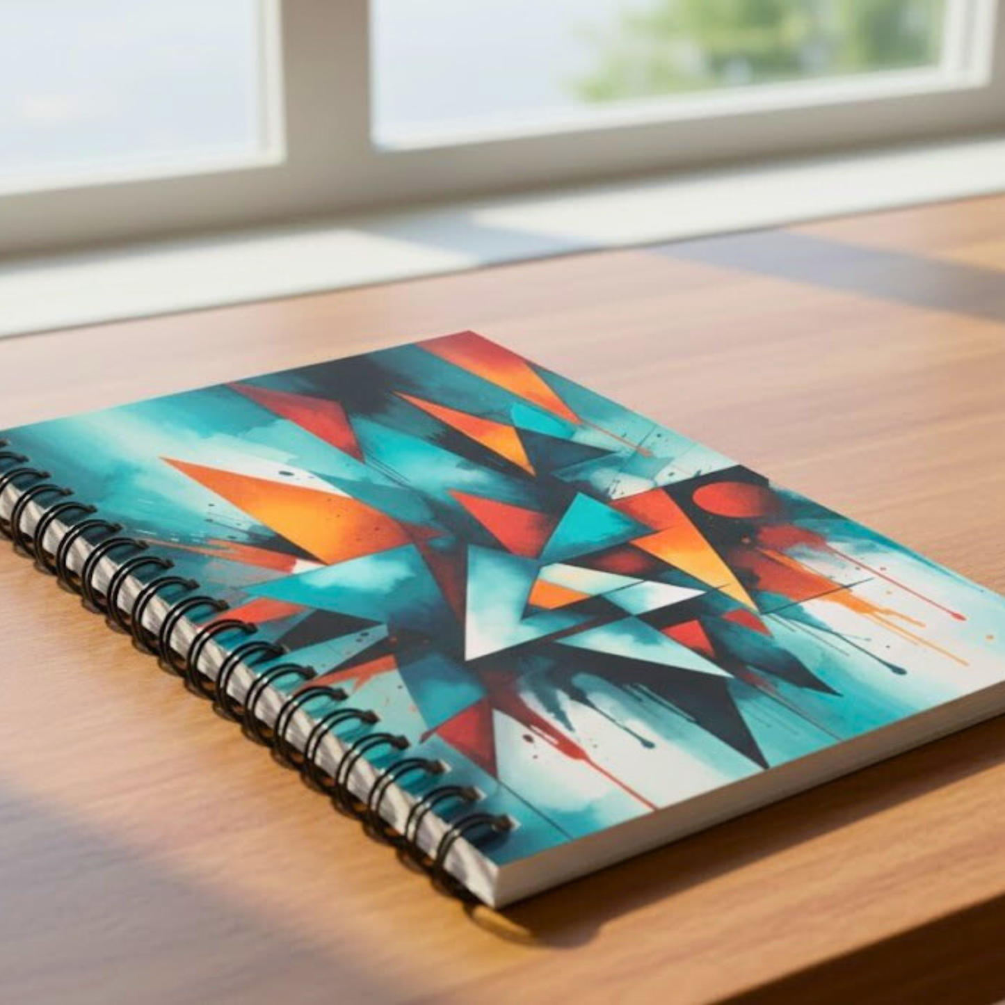 Lined 5x7 wire bound spiral notebook with Native abstract geometric pattern on the cover, photographed on a wooden desk in natural light.