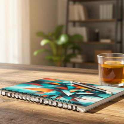 Lined 5x7 wire bound spiral notebook with Native abstract geometric pattern on the cover, photographed on a wooden desk in natural light.