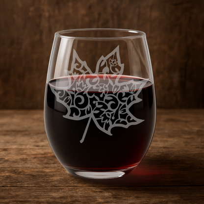 Etched Stemless Wine Glass 20.5oz | Fall Maple Leaf Free Personalization | Deep Carved Sandblasted Glass | Expressive DeZien