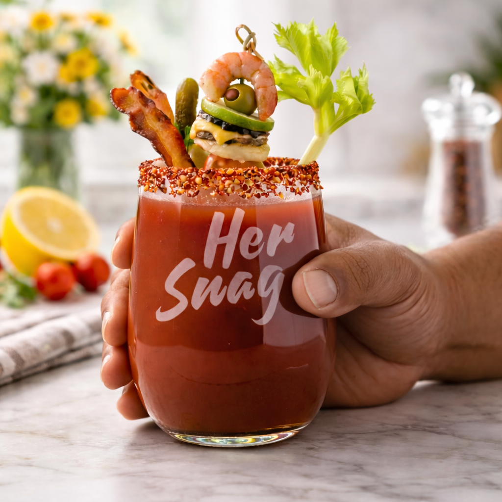 Hand holding a 20.5oz "Her Snag" etched stemless wine glass styled as a Bloody Mary with a tajin rim and decorative garnishes in a bar setting.