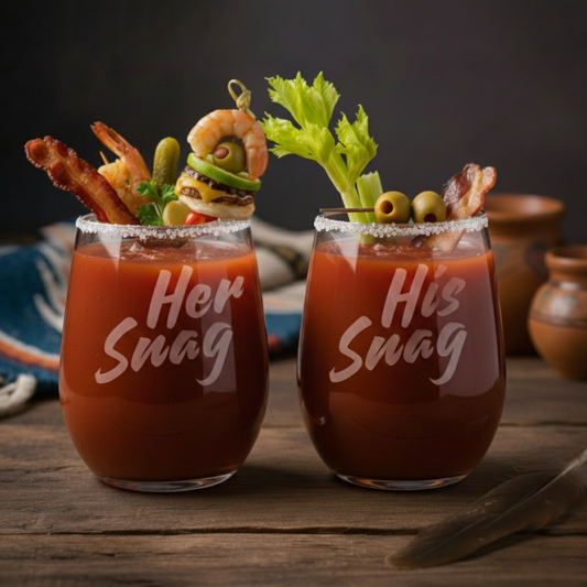 Hand-etched His and Her Snag 20.5oz wine glass set by Expressive DeZien 