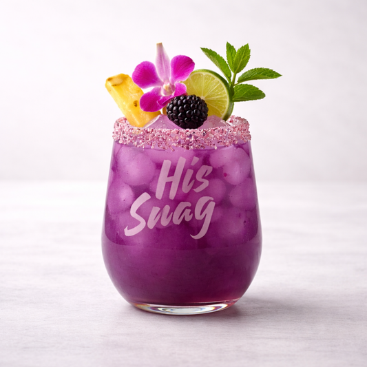 His Snag" 20.5oz etched stemless wine glass featuring a purple cocktail with a purple sugar rim and garnishes on a white background.