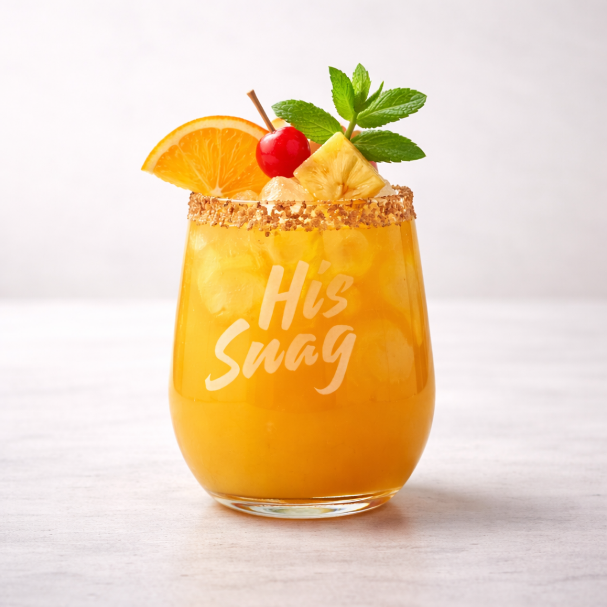His Snag" 20.5oz etched stemless wine glass featuring an orange cocktail with an orange slice, cherry, pineapple, and mint garnishes on a white background by Expressive DeZien.