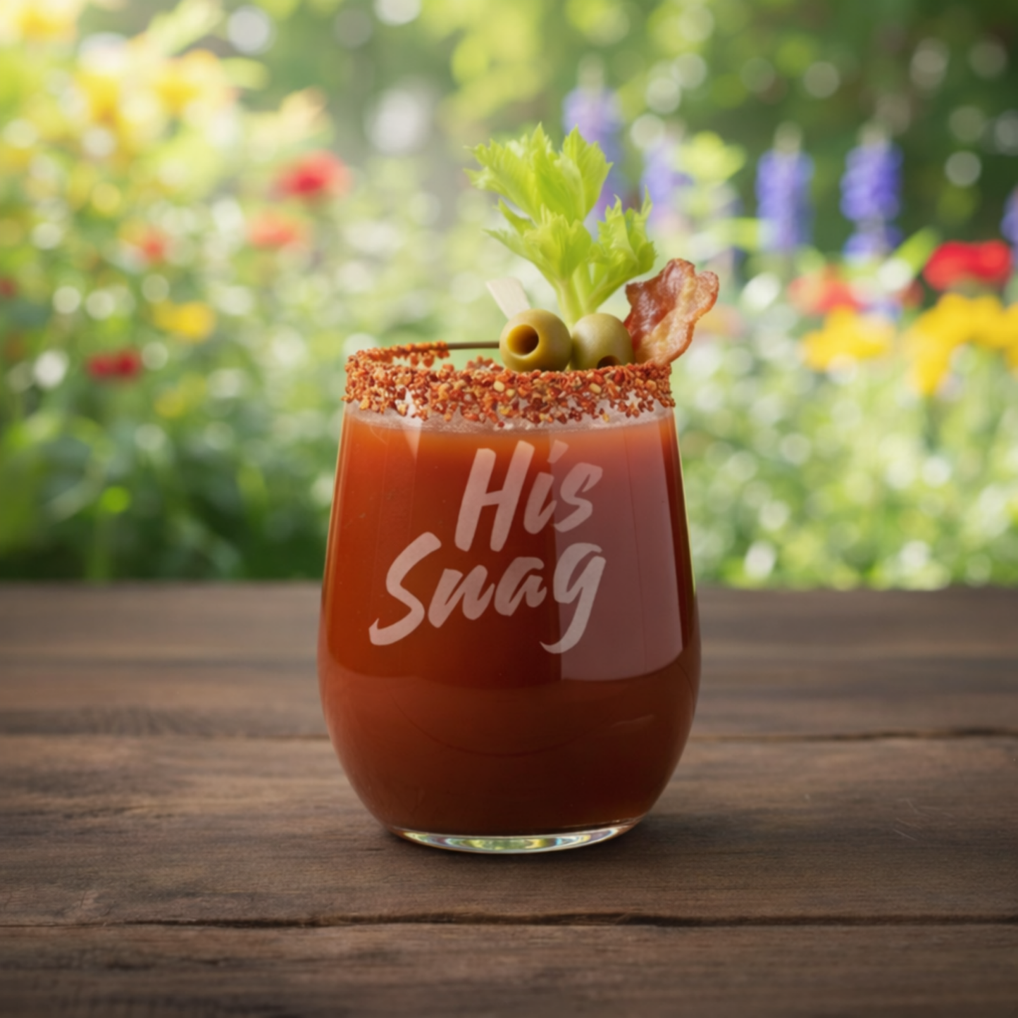 Gemini said
"His Snag" 20.5oz etched stemless wine glass styled as a Bloody Mary with decorative garnishes on a wooden table with a garden background.