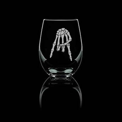 Horns down Skeleton Hand Etched Stemless Wine Glass 20.5oz | Halloween Wine Glasses - Expressive DeZien 