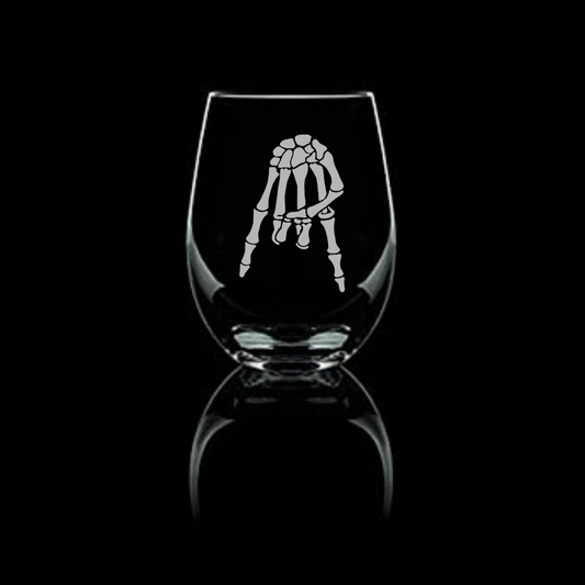 Horns down Skeleton Hand Etched Stemless Wine Glass 20.5oz | Halloween Wine Glasses - Expressive DeZien 