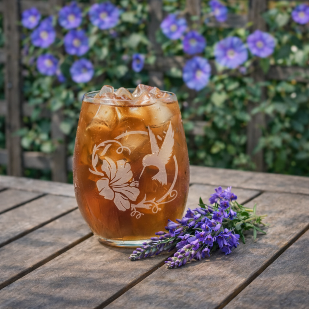 Etched Stemless Wine Glass 20.5oz | Hummingbird Hibiscus | Deep Carved Sandblasted Glass | Expressive DeZien