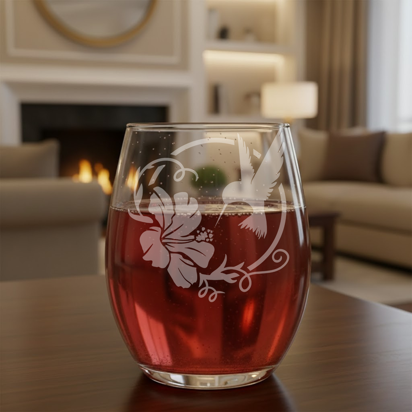 Hummingbird Hibiscus Stemless Wine Glass Sandblasted - Expressive DeZien