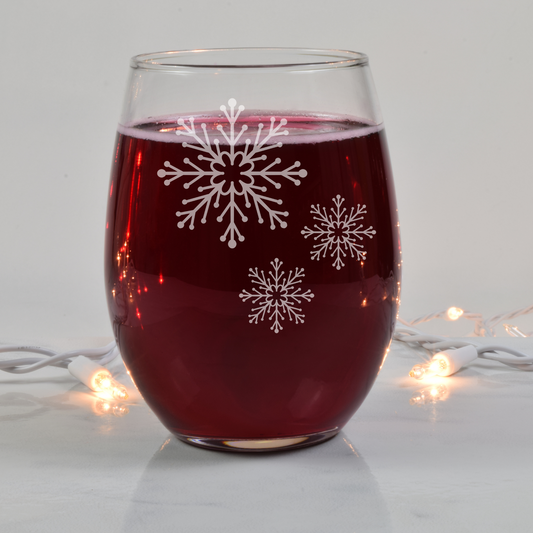 Ice Cascade Snowflakes Etched Stemless Wine Glass 20.5oz | Snowflake Wine Glasses - Expressive DeZien 
