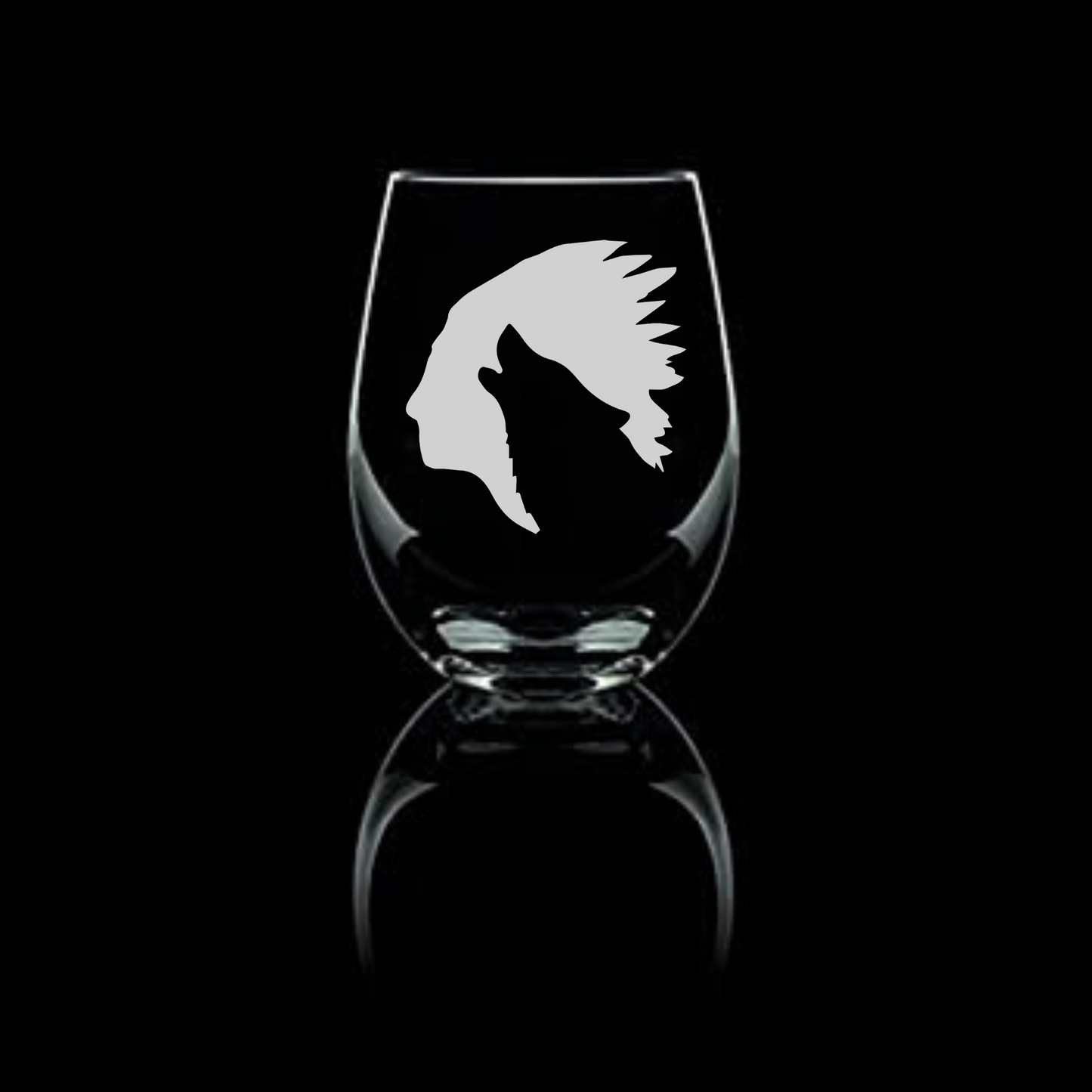 Native Wolf Etched Stemless Wine Glass 20.5oz - Expressive DeZien 