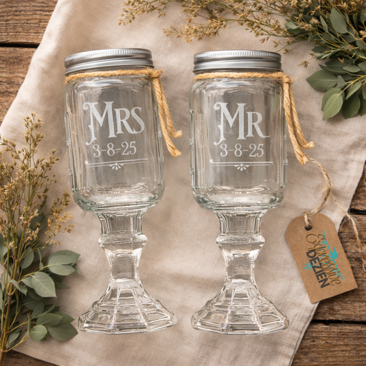 Rustic Wedding Toasting Glasses | Royal Font | Personalized Handmade | Deep Etched Glass | Expressive DeZien