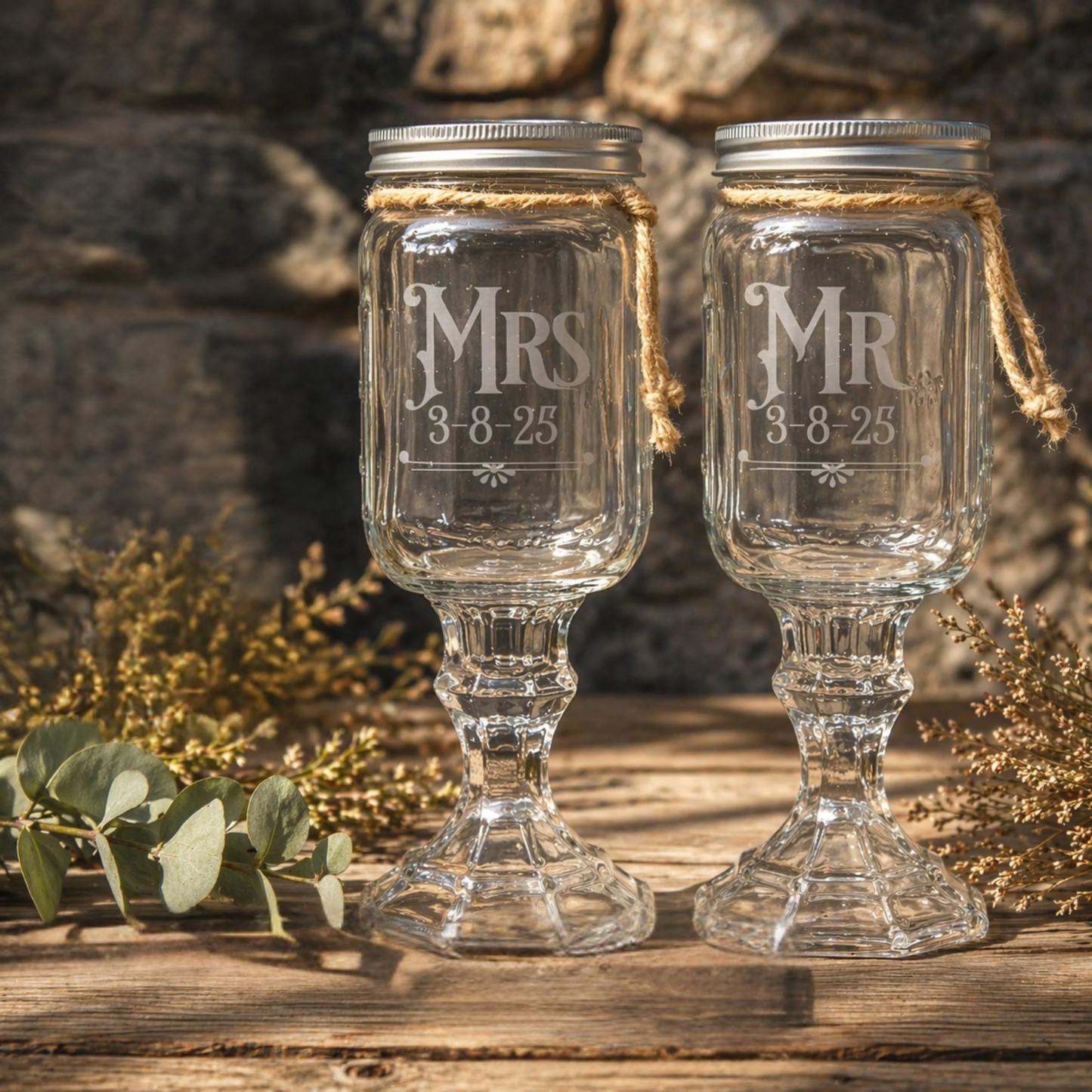 Rustic Wedding Toasting Glasses | Royal Font | Personalized Handmade | Deep Etched Glass | Expressive DeZien